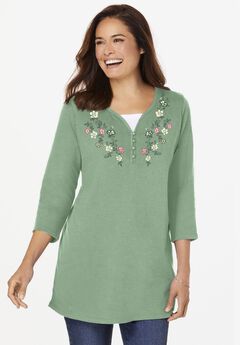 7-Day Layered-Look Embroidered Henley Tunic
