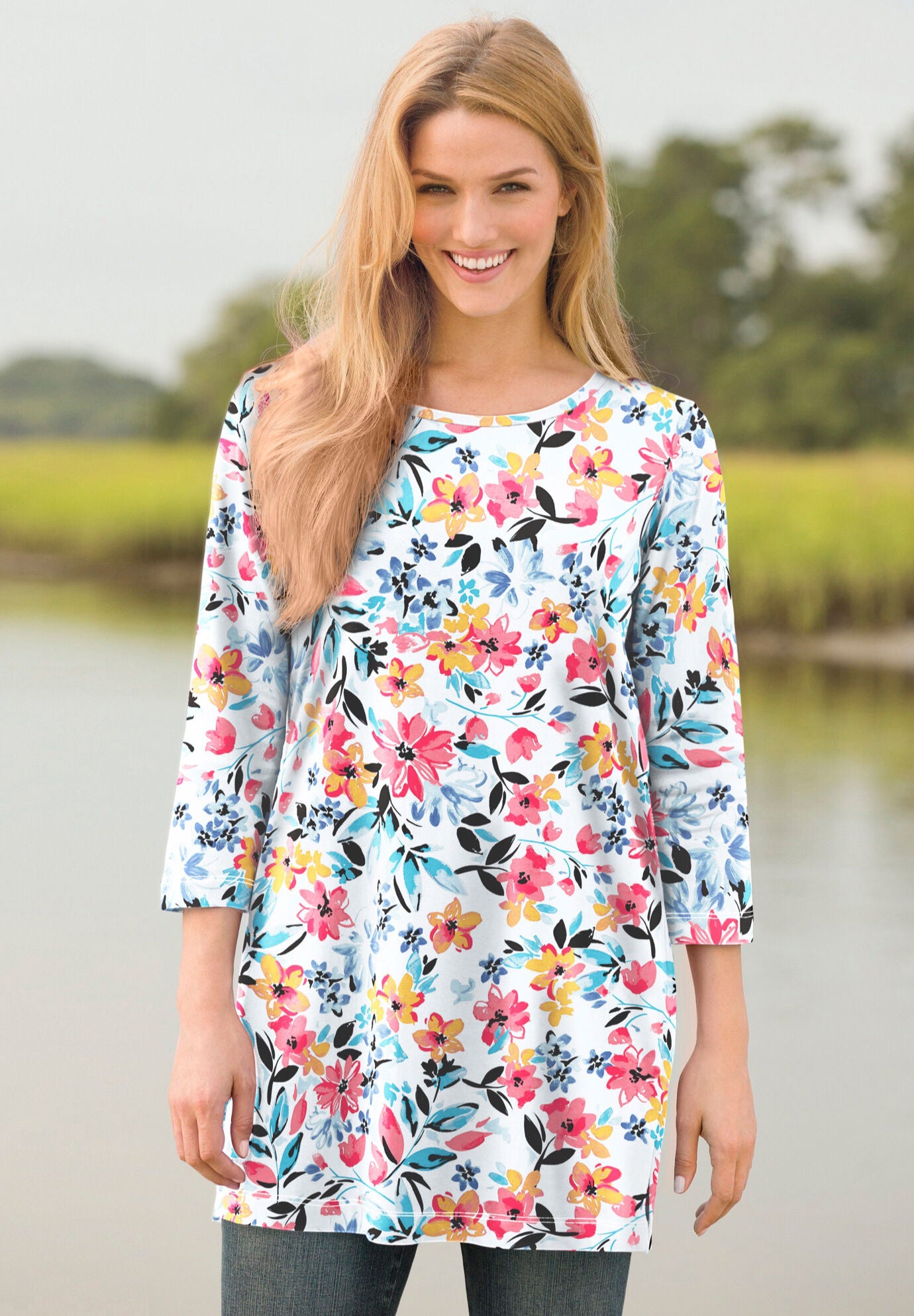 Perfect Printed Three-Quarter-Sleeve Scoopneck Tunic, , alternate image number 6