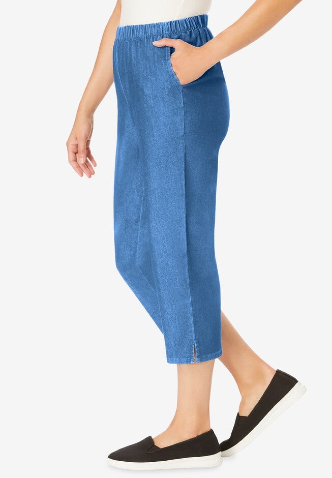 Fineline Stretch Denim Pull-On Capri Jeans, LIGHT STONEWASH, alternate image number 2
