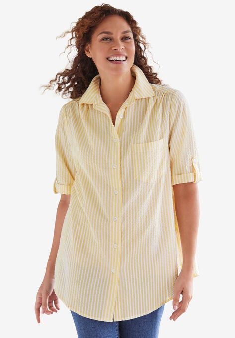 Short Sleeve Button Down Seersucker Shirt, , alternate image number null