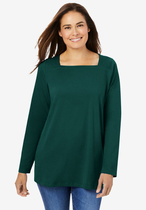 Perfect Long-Sleeve Square-Neck Tee, EMERALD GREEN, hi-res image number null