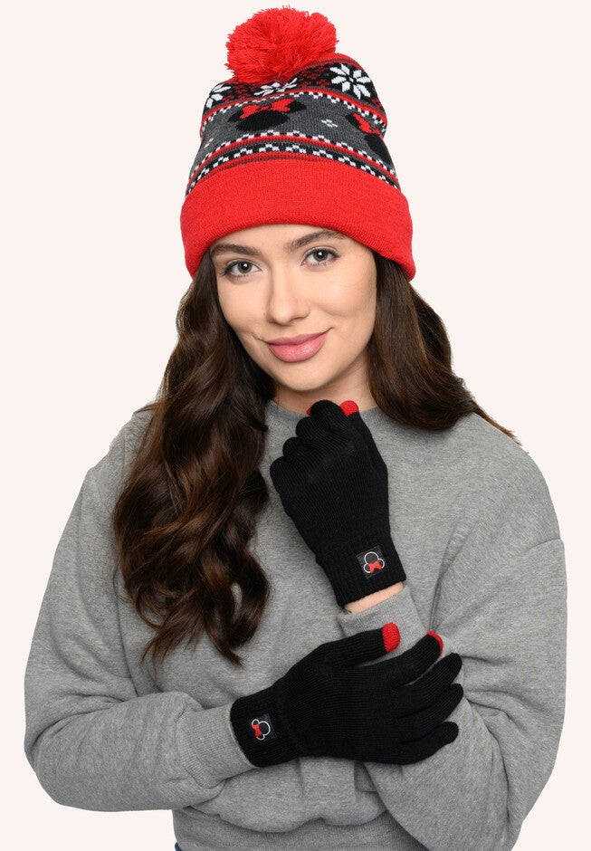 Disney Adult Minnie Mouse Knit Beanie Hat & Texting Gloves Red Gray 2-Pc Set, RED, hi-res image number 0