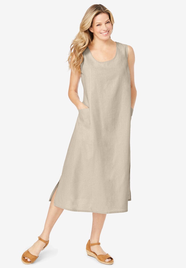 Linen Dress with Patch Pockets - Plus Size, Natural Khaki | Woman Within Linen Dress with Patch Pockets - Plus Size, Natural Khaki | Woman Within