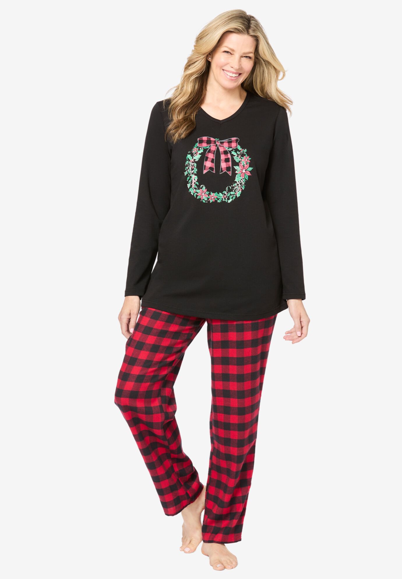 Bright Print Pajama Set Cozy Sleepwear Classic Red Buffalo Plaid Wreath Woman Within