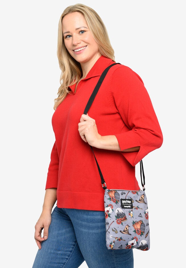 Loungefly X Harry Potter Crossbody Travel Bag Nylon Tattoo All Over Print Crossbody Bag, , alternate image number null