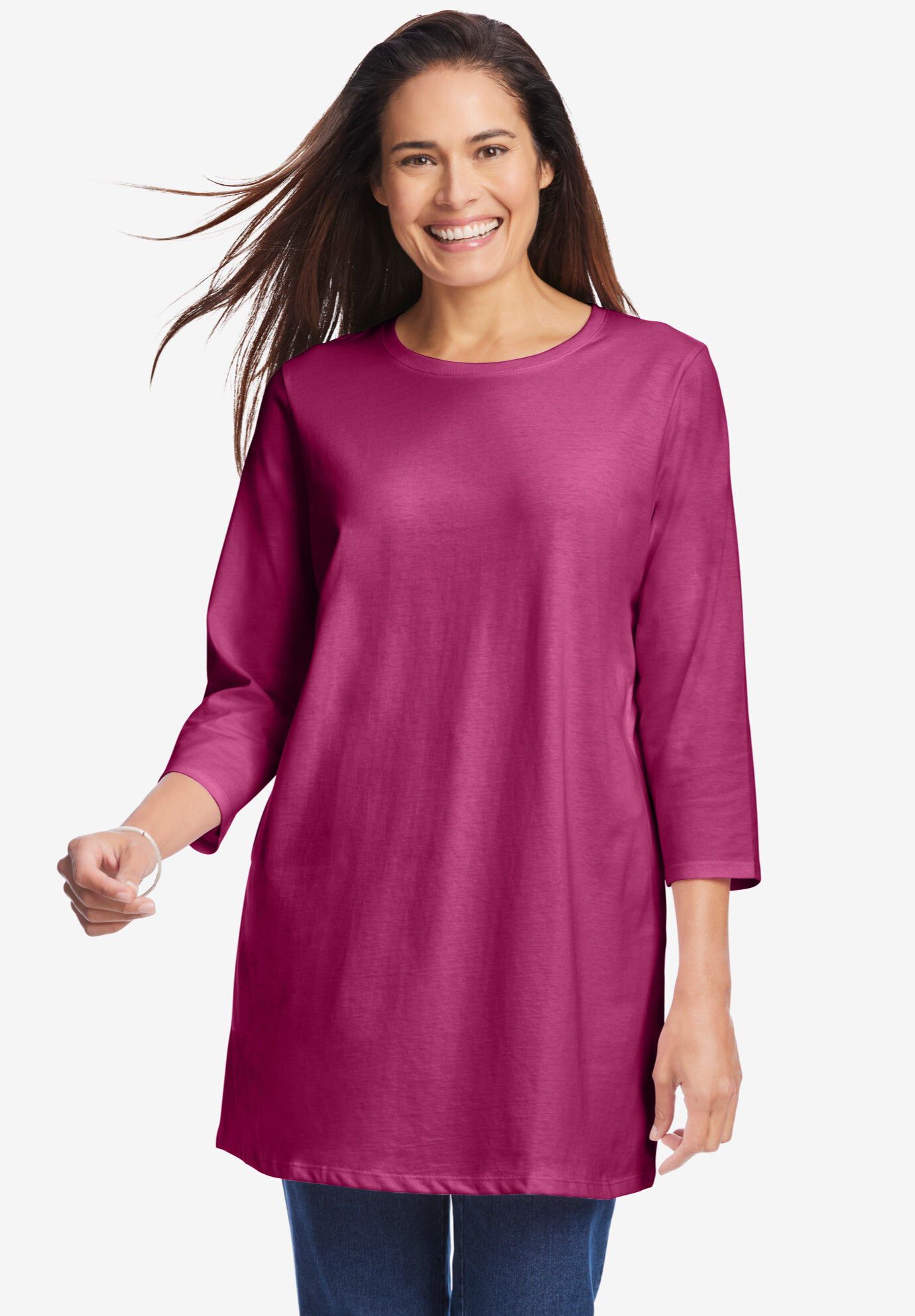 Plus Size 3/4 Sleeve Crewneck Tunic, Raspberry | Woman Within