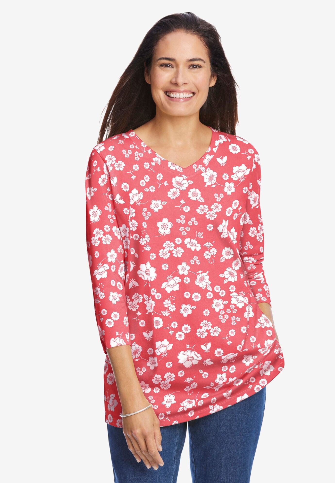 Woman Within Plus Size Perfect Printed Three-Quarter Sleeve V-Neck Tee - Picture 51 of 62