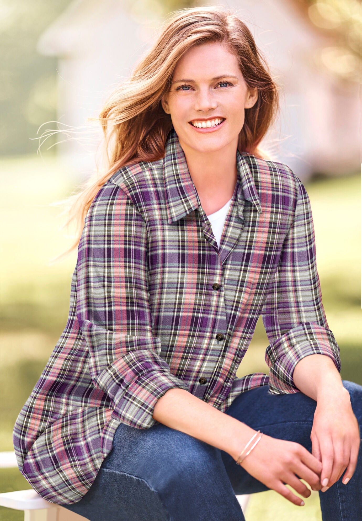 Woman within flannel shirts