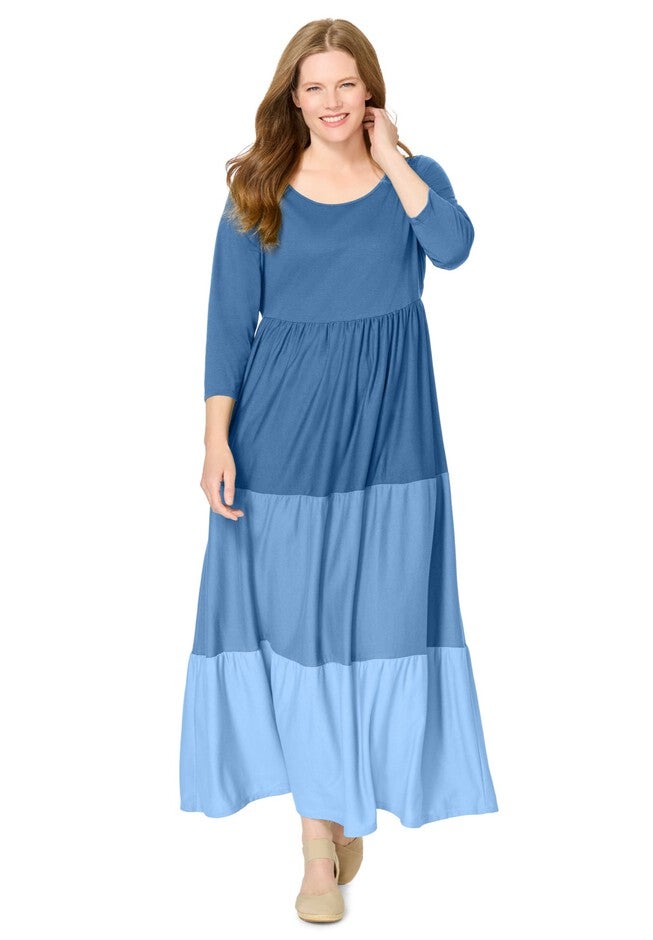 Colorblock Tiered Dress - A-line & Feminine, Blue Coast Colorblock | Woman Within Colorblock Tiered Dress - A-line & Feminine, Blue Coast Colorblock | Woman Within