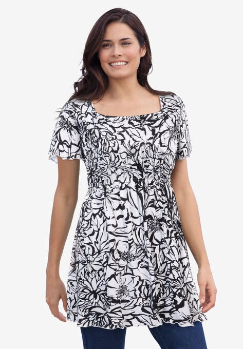 Empire Waist Tunic, BLACK PAINTED FLORAL, hi-res image number null