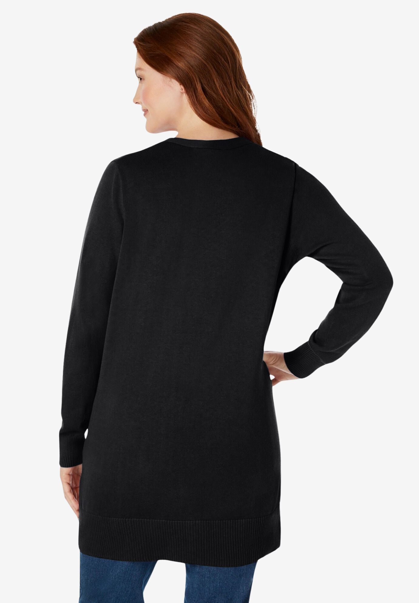 Perfect Longer-Length Cotton Cardigan Sweater, BLACK, on-hover image number 1