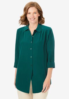 Three-Quarter Sleeve Peachskin Button Front Shirt