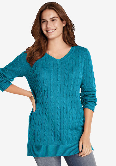 Cable Knit V-Neck Pullover Sweater, TURQ BLUE, hi-res image number null