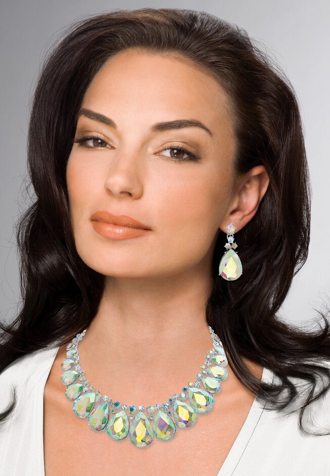 Silver Tone Tone Bib Necklace Set, Aurora Borealis Crystal, 16 inches, , alternate image number 2