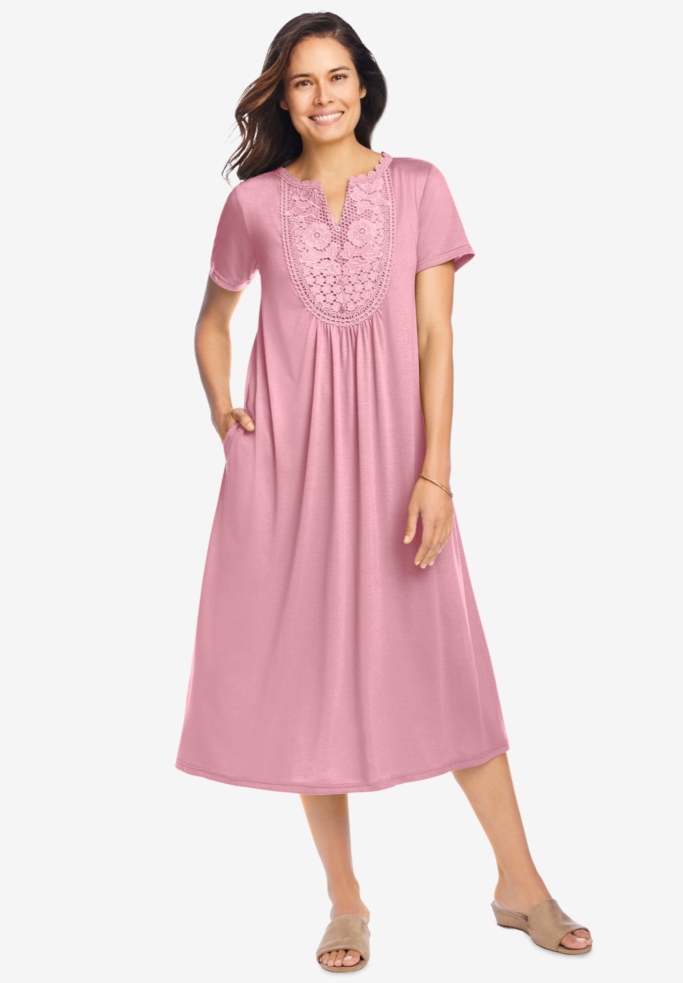 Embroidered Lace Bib Knit Dress, DUSTY PINK, hi-res image number 0