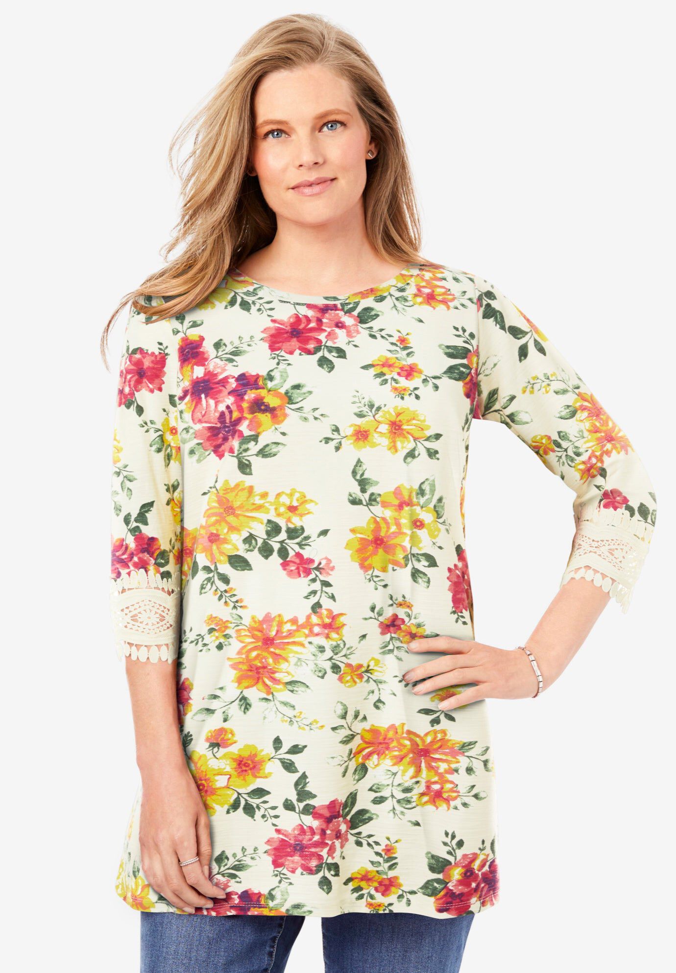 Crochet-Trim Three-Quarter Sleeve Tunic, IVORY YELLOW WATERCOLOR FLORAL, hi-res image number 0