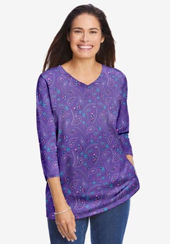 Perfect Printed Three-Quarter Sleeve V-Neck Tee