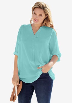 Rayon 7-Day Three-Quarter Sleeve Tab-Front Tunic