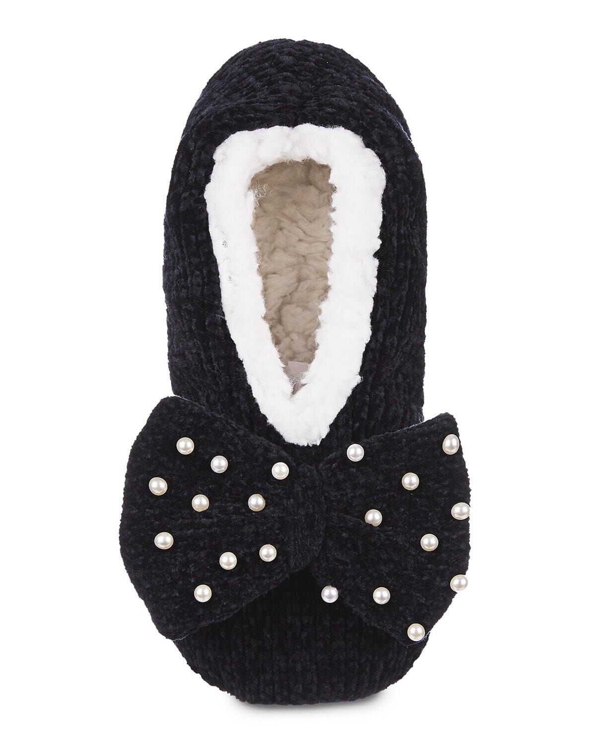 Women's Precious Pearls Chenille Bow Accent Sherpa-Lined Slippers, BLACK, alternate image number 1