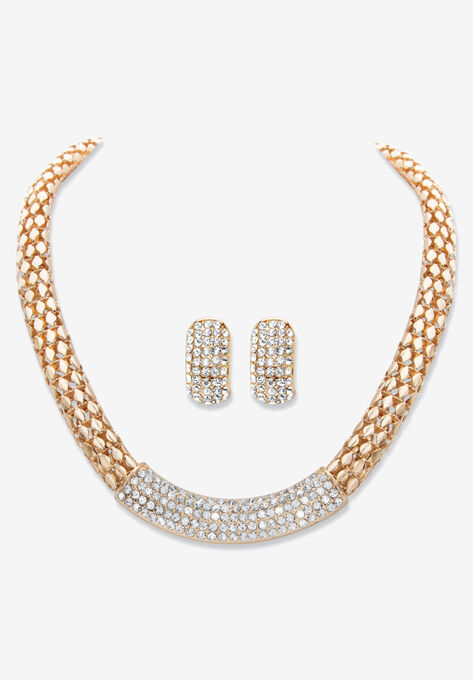 Goldtone Crystal Earring and Choker Necklace Set, 17 - 20", CRYSTAL, hi-res image number null