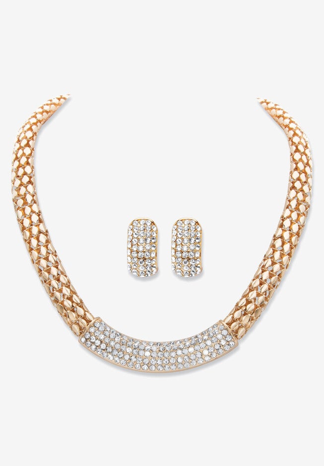 Goldtone Crystal Earring and Choker Necklace Set, 17 - 20 inches, CRYSTAL, hi-res image number 0