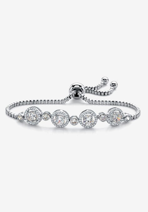 Silvertone Cubic Zirconia Adjustable Slider Drawstring Bracelet 9", SILVER, hi-res image number null