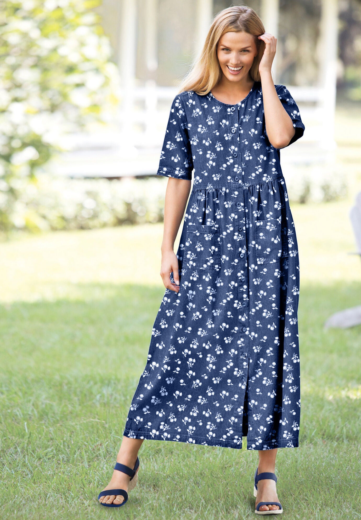 Fast Forward Denim Hidden Button Up Top with Short Sleeves in Medium Wash main image 1