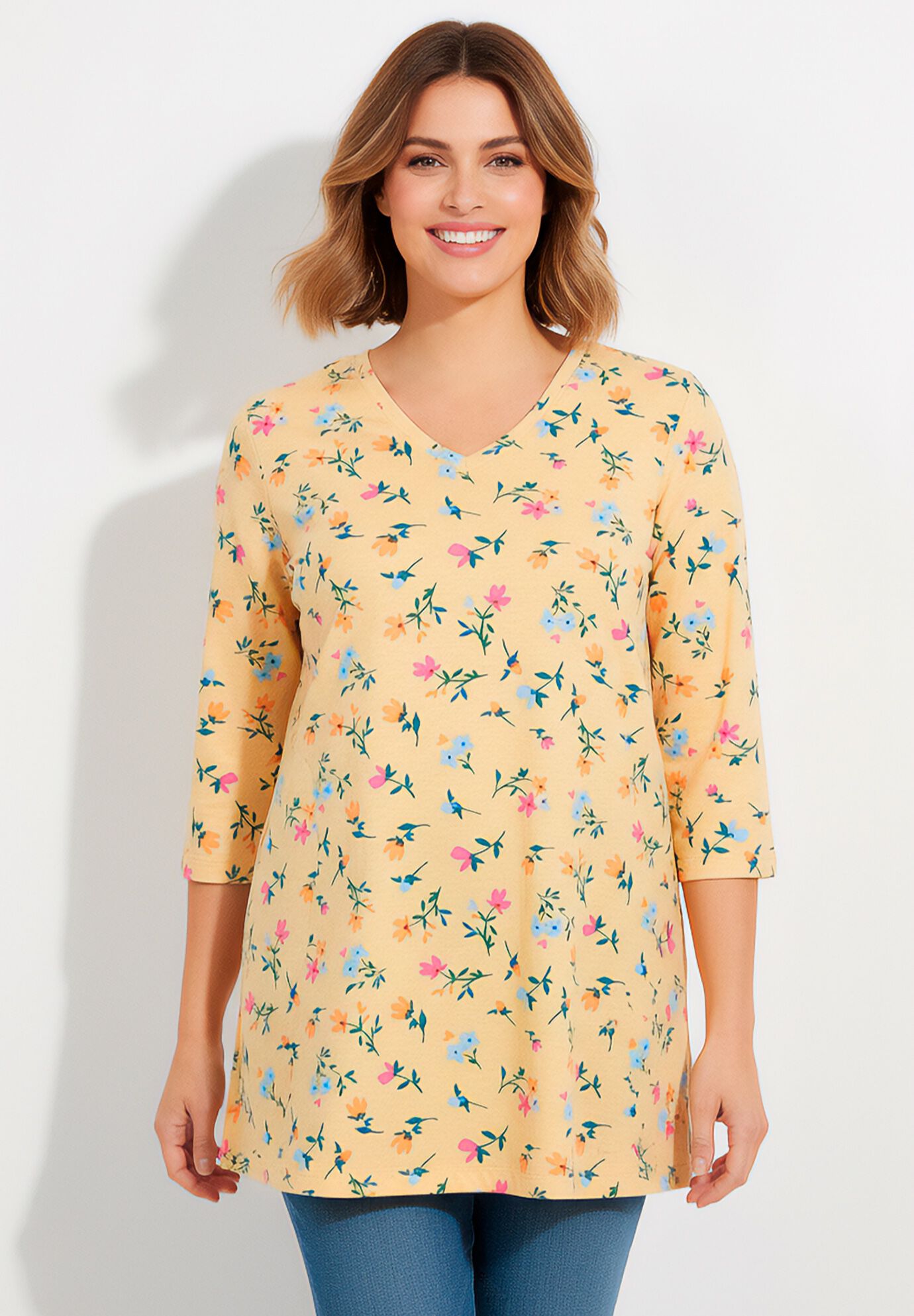Perfect Printed Three-Quarter-Sleeve V-Neck Tunic, BANANA TULIP FLOWERS, hi-res image number 0