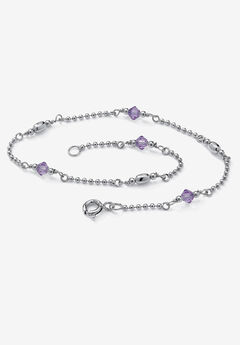 Platinum Plated Silver Ankle Bracelet (2Mm), Round Simulated Birthstone 11 Inches