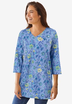 Perfect Printed Three-Quarter-Sleeve V-Neck Tunic