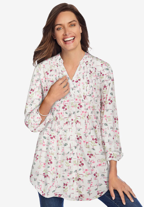 Perfect Pintuck Tunic, BRIGHT ROSE GRIDDED FLORAL, hi-res image number null