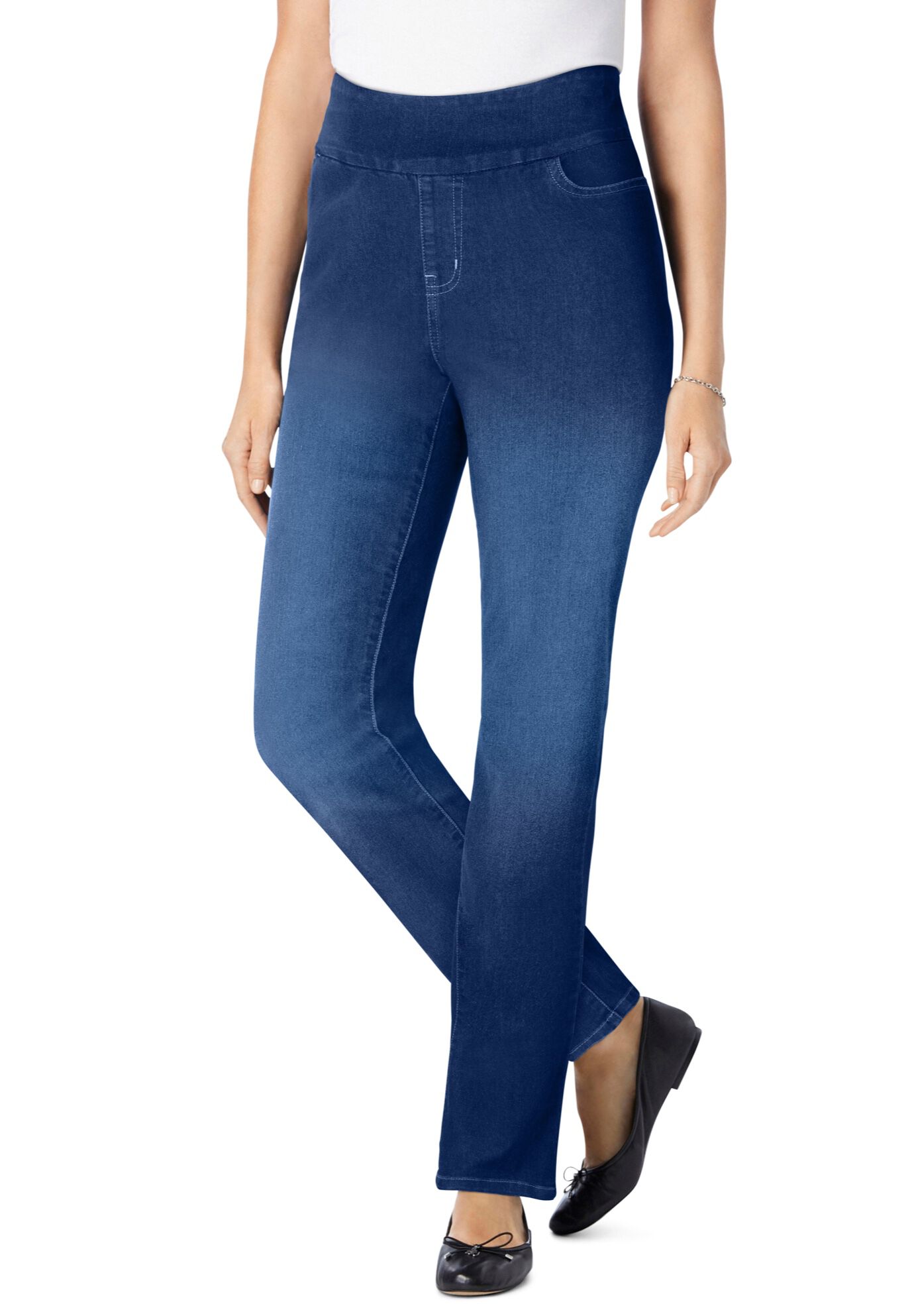 Flex-Fit Pull-On Straight-Leg Gap-Free Stretch Denim Jeans, STONEWASH SANDED, hi-res image number 0