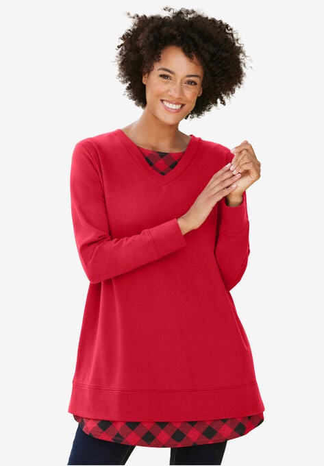 Layered Look Sweatshirt, CLASSIC RED PLAID, hi-res image number null