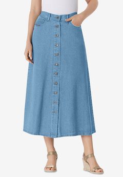 Perfect Side-Elastic All-Cotton Button Front Denim Jeans Skirt