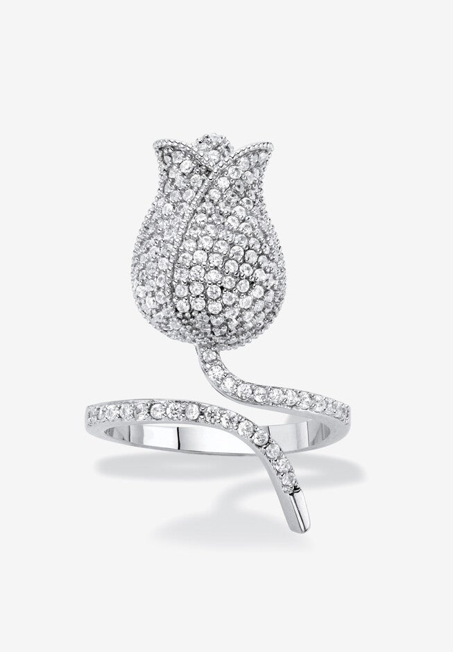 Platinum-Plated Round Flower Wraparound Ring Cubic Zirconia, PLATINUM, hi-res image number 0