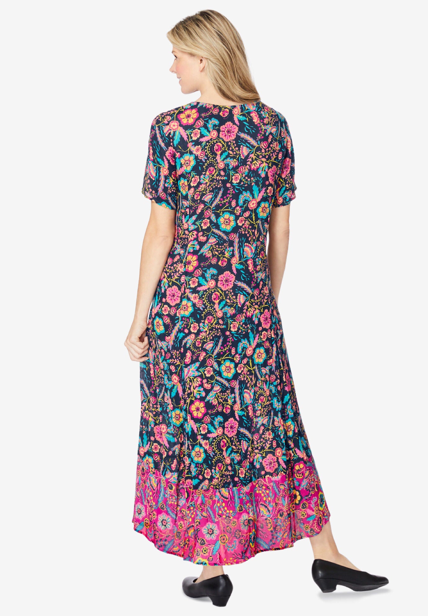 Crinkled Short Sleeve Maxi Dress Dark Basil Floral Woman Within