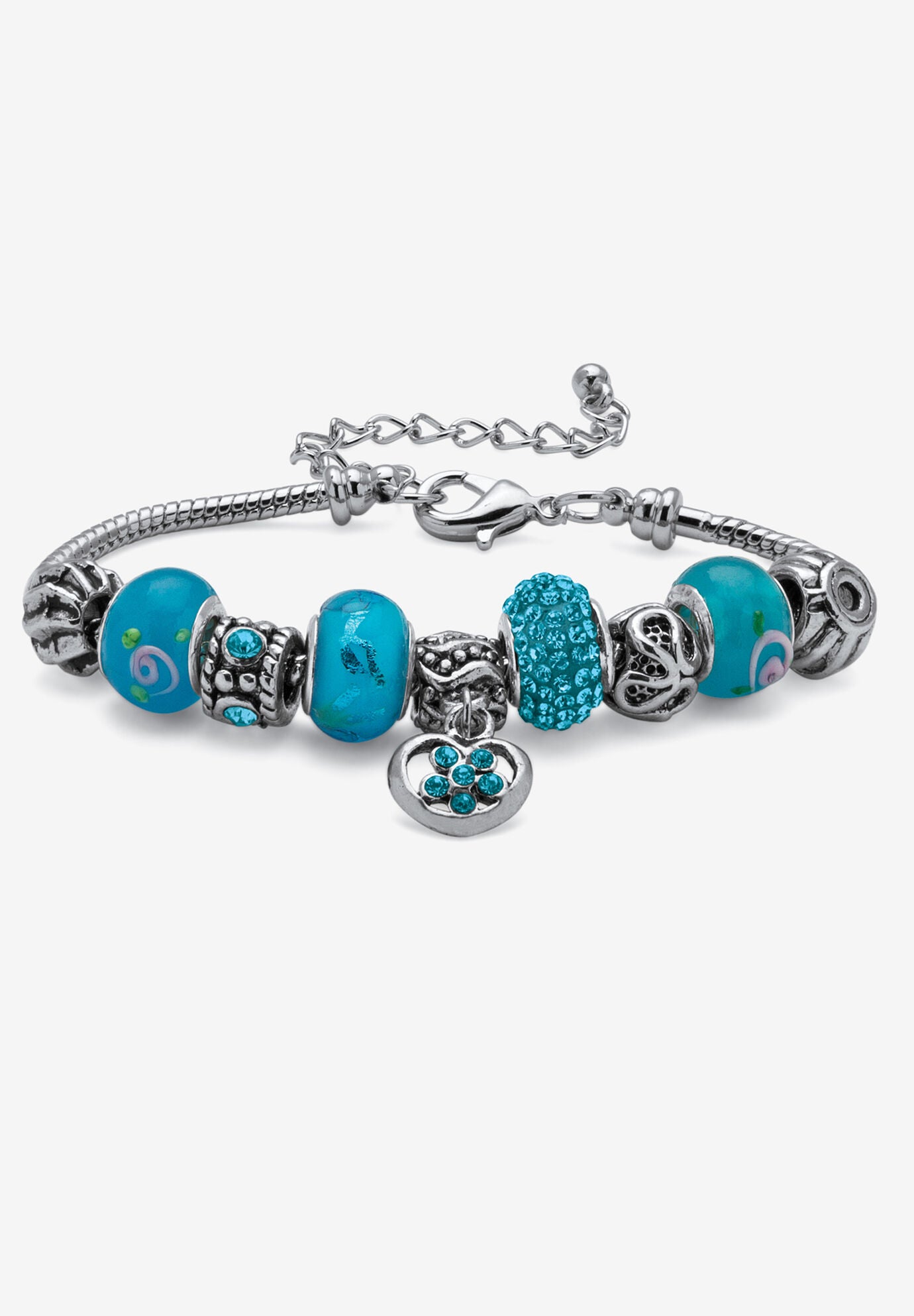 Bali Style Red Crystal Charm 8 inches Bracelet in Silvertone, DECEMBER, hi-res image number 0