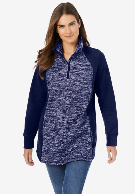 Microfleece Quarter Zip Pullover With Colorblocking, NAVY MARLED, hi-res image number null