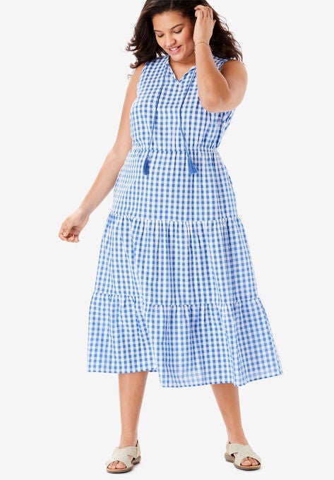 Sleeveless Tiered Seersucker Tassel Tie Dress Plus Size Casual