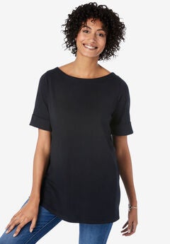 Perfect Cuffed Elbow-Sleeve Boat-Neck Tee