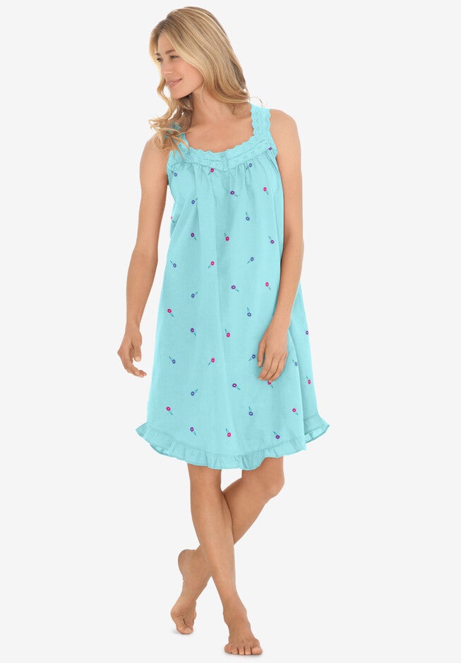 Short Embroidered Nightgown , PALE OCEAN, hi-res image number null