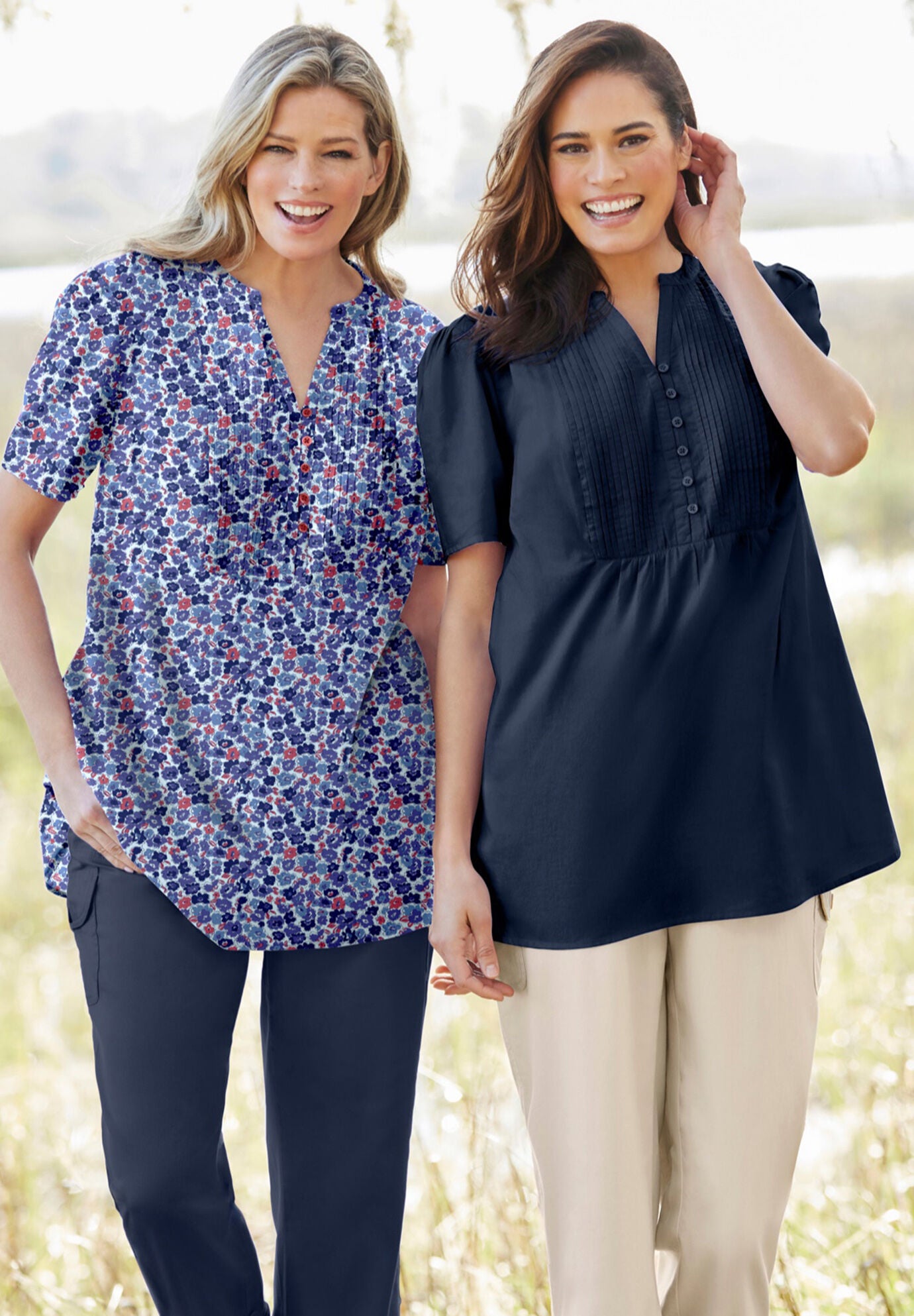 Pintucked Half-Button Cotton Tunic Top, Navy Blooming Ditsy Pintucked Half-Button Cotton Tunic Top, Navy Blooming Ditsy