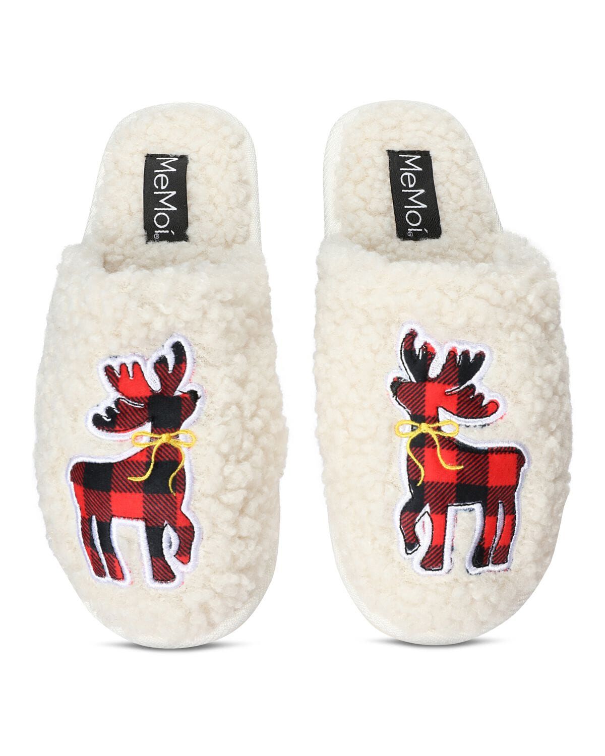 Women's Plaid Reindeer Plush Slippers, IVORY, alternate image number 2