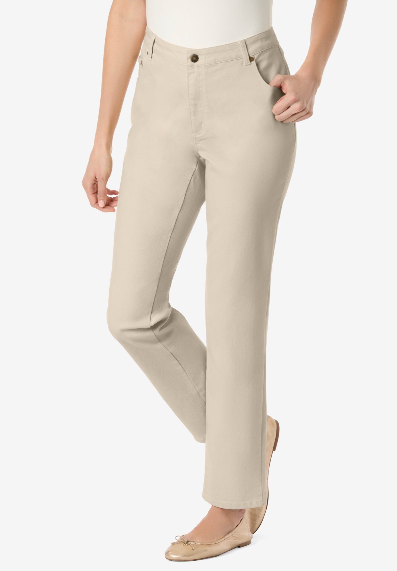 Stretch Denim 5-Pocket Straight-Leg Jeans, NATURAL KHAKI, hi-res image number 0