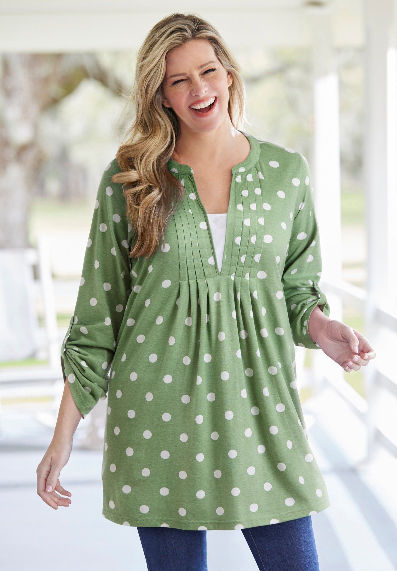 Plus Size V-Neck Pintucked Tunic - Feminine Style, Sweet Coral