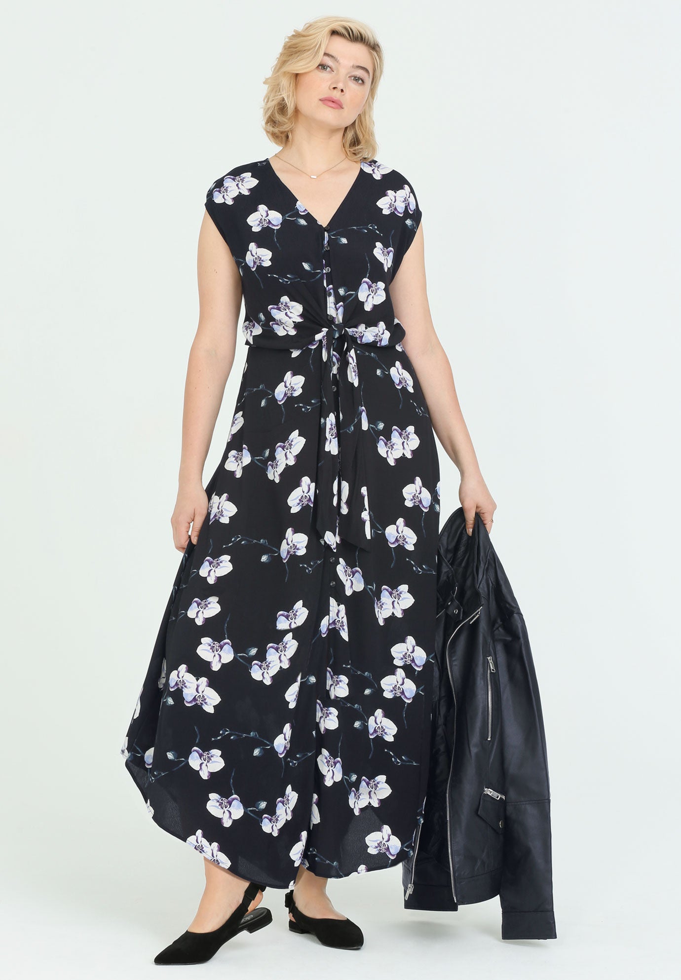 Tie-Front Maxi Dress - A-Line Button-Front, Navy/white Dot | Woman Within