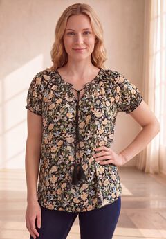 A-Line Scoop Neck Ruffle Trim 100% Cotton Cambric Peasant Blouse