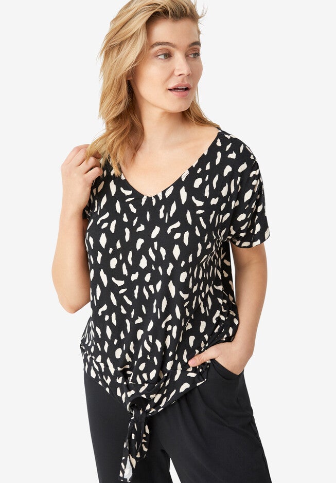 Tie-Front Tee, BLACK IVORY PRINT, hi-res image number 0