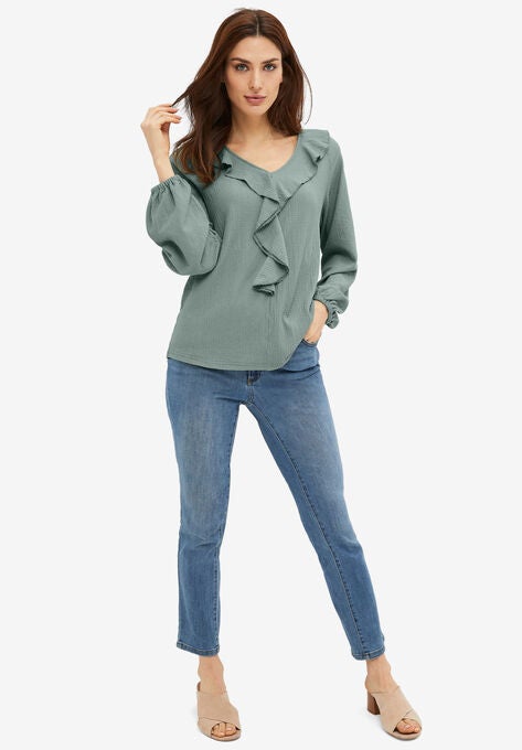 Knit Top With Ruffled V-Neck, GREY SPRUCE, hi-res image number null