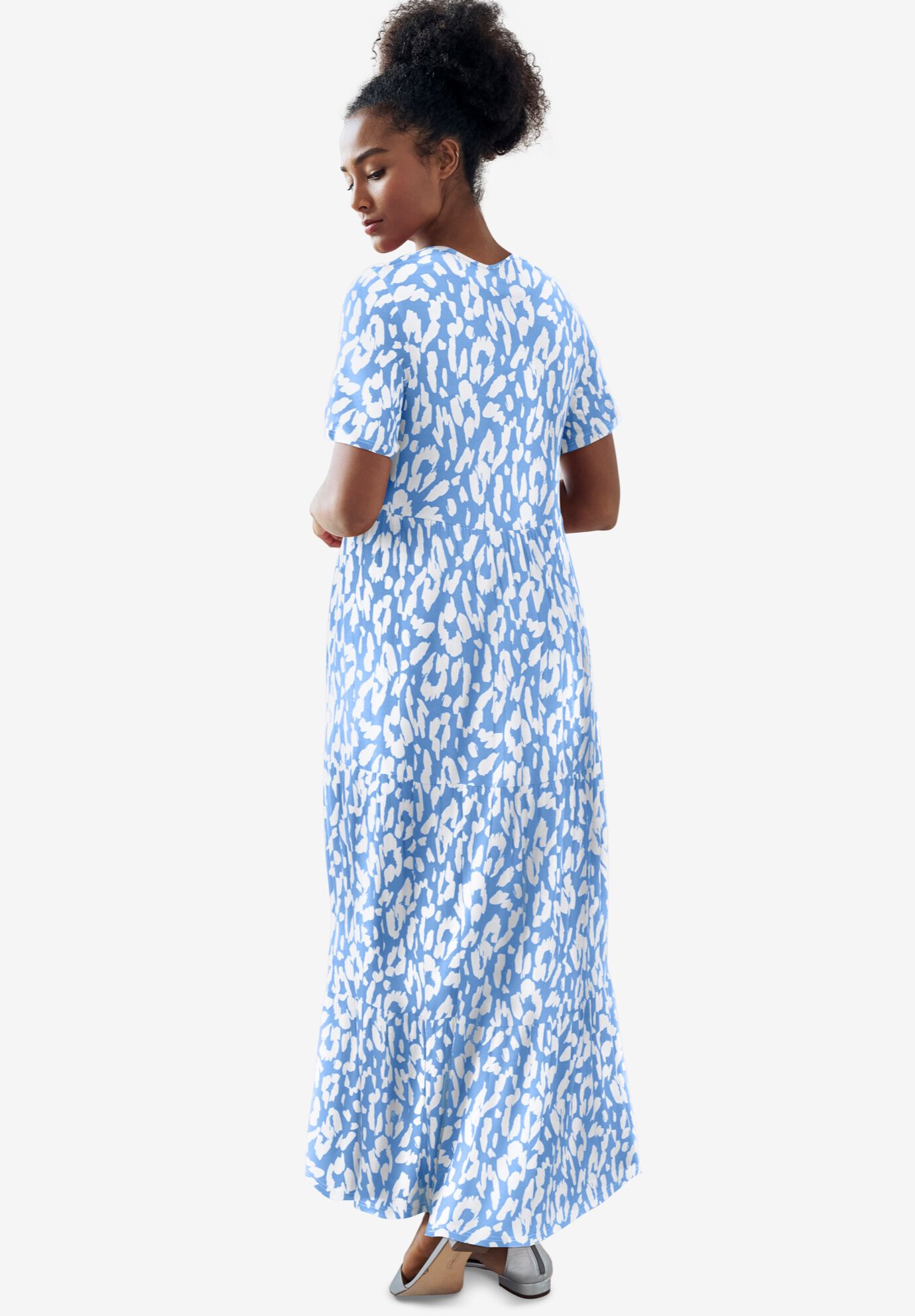Short Sleeve Tiered Maxi Dress, BLUE SKY WHITE PRINT, on-hover image number 1